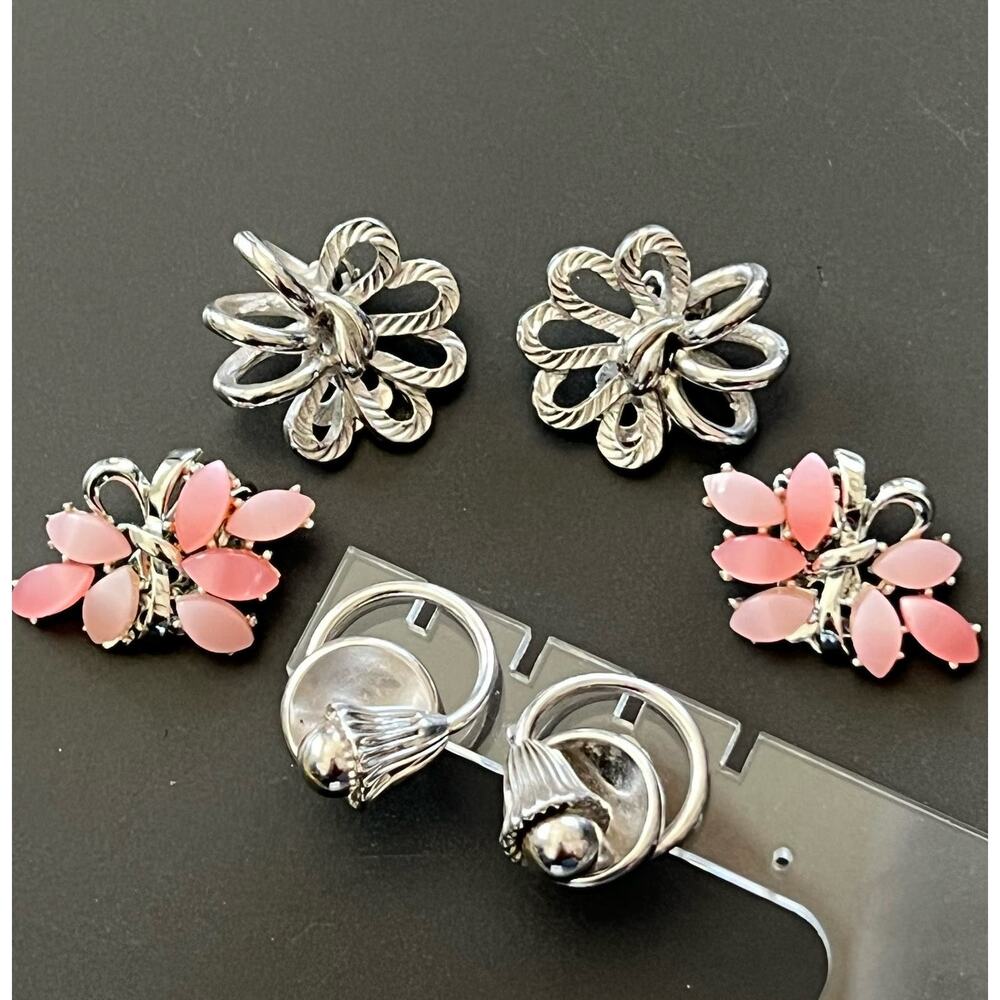 Vintage Cora Lot of 3 Clip On Earring Sliver Tone Pink Flower 3D Spiral Estate